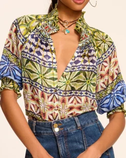 Ramy Brook Chela Silk V-Neck Puff Sleeve Blouse Bluemulti Online