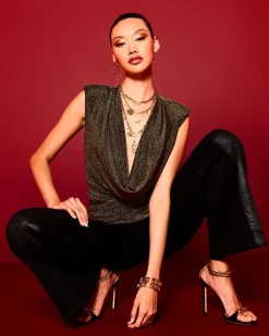 Ramy Brook Consuela Sparkle Cowl Neck Top Goldknit Online