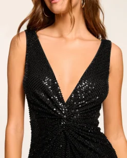 Ramy Brook Eli Beaded V-Neck Midi Dress Blackmesh Sale