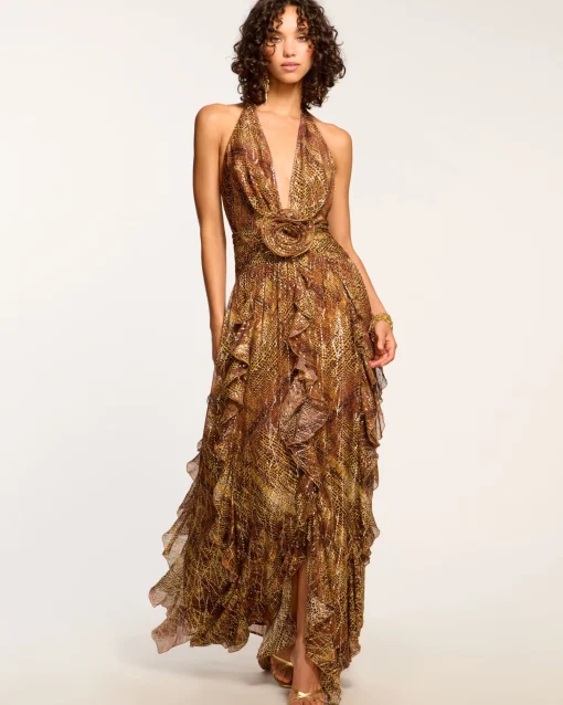 Ramy Brook Emerance Plunging Halter Gown Goldanimal Fashion