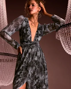 Ramy Brook Estelle Long Sleeve V-Neck Dress Greyfloral Fashion