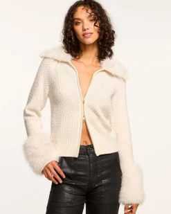 Ramy Brook Felix Faux Fur Cardigan Sweater Ivory Outlet