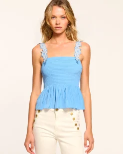 Ramy Brook Giulia Smocked Embellished Tank Top Ribbonblue Outlet