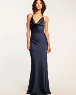 Ramy Brook Haleigh Cowl Neck Halter Gown Navy Sale