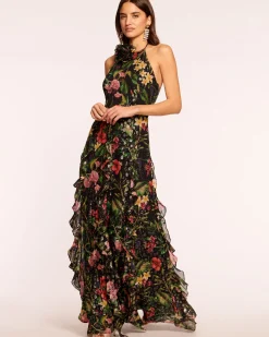 Ramy Brook Idella Ruffle Halter Gown Midnightfloral Discount