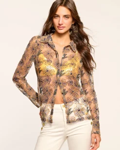 Ramy Brook Leda Sheer Embellished Long Sleeve Top Floralsequin Outlet