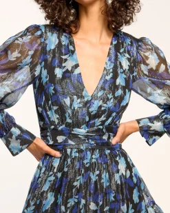 Ramy Brook Lizbeth V-Neck Ruffle Mini Dress Bluetwilight New