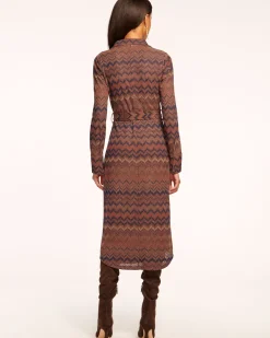 Ramy Brook Lydia Long Sleeve Belted Midi Dress Saddlechevron Outlet