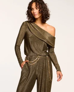 Ramy Brook Manny Off-The-Shoulder Sparkle Jumpsuit Goldknit Outlet