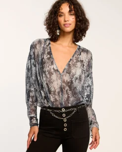 Ramy Brook Margot V-Neck Bodysuit Greyfloral Discount
