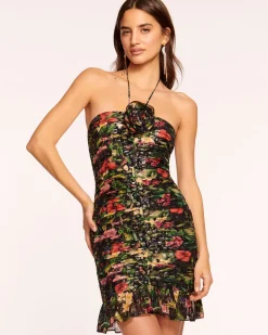 Ramy Brook Margret Ruched Ruffle Mini Dress Midnightfloral Clearance