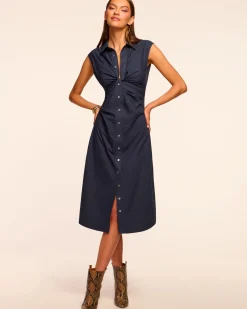 Ramy Brook Mihal Cotton Poplin Midi Dress Navy New