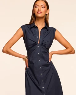 Ramy Brook Mihal Cotton Poplin Midi Dress Navy New