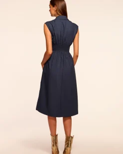 Ramy Brook Mihal Cotton Poplin Midi Dress Navy New