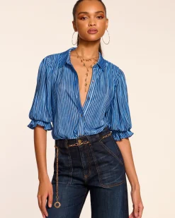 Ramy Brook Pleated Dina Short Sleeve Bodysuit Bluepleats Online
