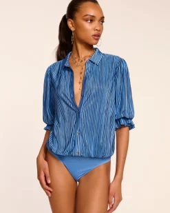 Ramy Brook Pleated Dina Short Sleeve Bodysuit Bluepleats Online