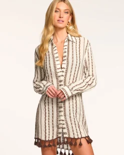 Ramy Brook Roman Coverup Button Down Top Brownstripe Clearance
