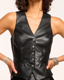 Ramy Brook Sarge Faux Leather V-Neck Vest Black Clearance