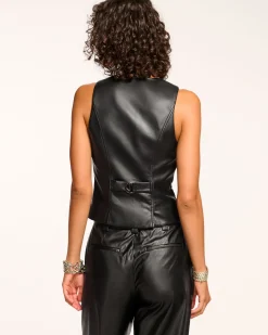 Ramy Brook Sarge Faux Leather V-Neck Vest Black Clearance