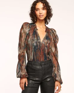 Ramy Brook Sukie V-Neck Puff Sleeve Blouse Saddleknit Best