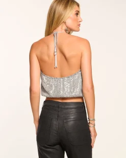 Ramy Brook Sullivan Beaded V-Neck Halter Top Greymesh Hot