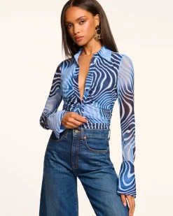 Ramy Brook Talisa Long Sleeve Button Down Mesh Top Navyswirl Fashion
