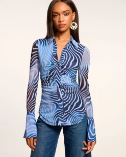 Ramy Brook Talisa Long Sleeve Button Down Mesh Top Navyswirl Fashion