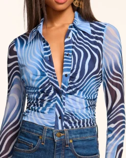 Ramy Brook Talisa Long Sleeve Button Down Mesh Top Navyswirl Fashion