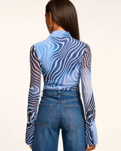 Ramy Brook Talisa Long Sleeve Button Down Mesh Top Navyswirl Fashion
