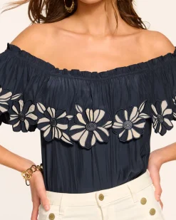 Ramy Brook Terri Embellished Off-The-Shoulder Top Navy Fashion