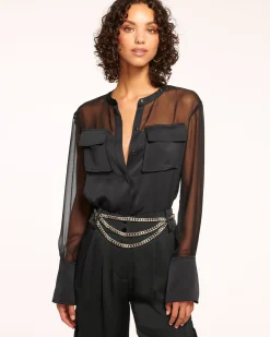 Ramy Brook Tiah Sheer Button Down Top Black Fashion