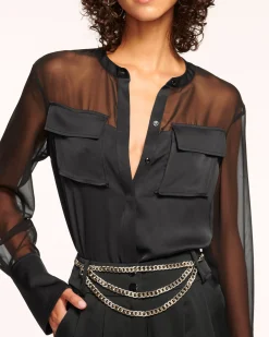 Ramy Brook Tiah Sheer Button Down Top Black Fashion
