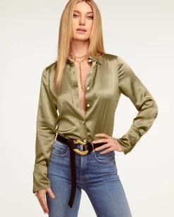 Ramy Brook Victoria Silk Button Down Blouse Sandstone Fashion