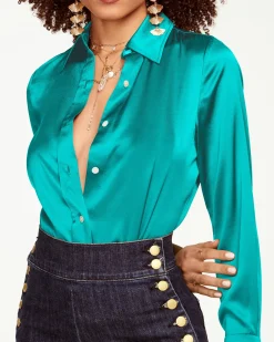 Ramy Brook Victoria Silk Button Down Blouse Sandstone Fashion