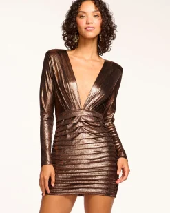 Ramy Brook Willow Plunging Ruched Mini Dress Bronzelame Clearance