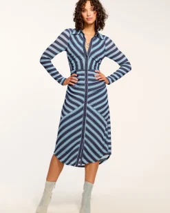 Ramy Brook Wyatt Button Down Knit Maxi Dress Bluestripe New