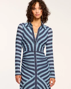 Ramy Brook Wyatt Button Down Knit Maxi Dress Bluestripe New